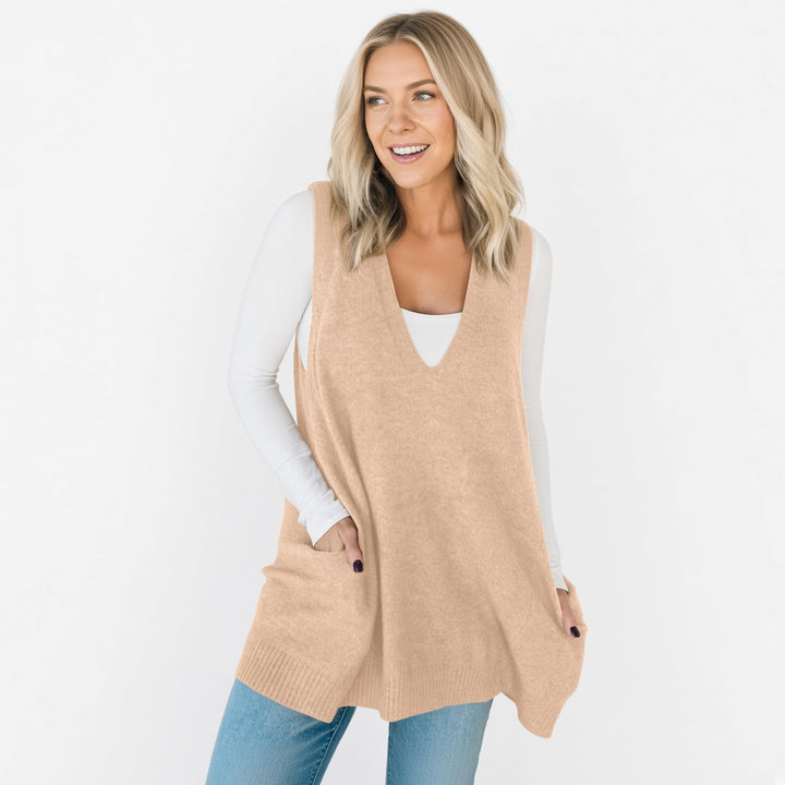 The Elara longline pocket sweater vest in Khaki, front view
