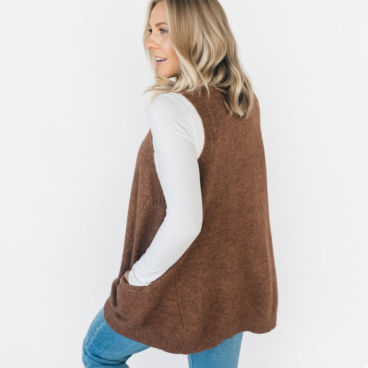 The Elara Camel longline pocket sweater vest, back view