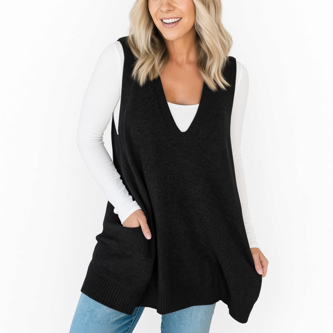 The Elara longline pocket sweater vest in Black, front view