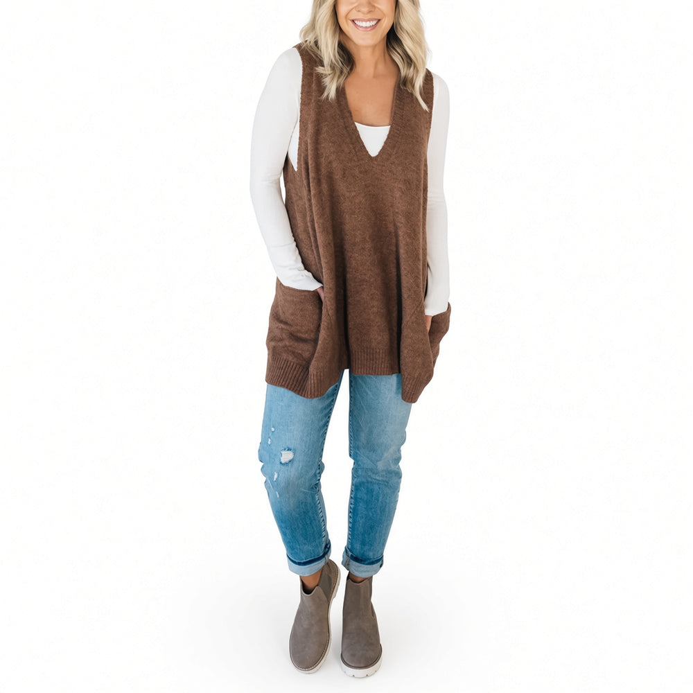 The Elara longline pocket sweater vest in Camel, front view