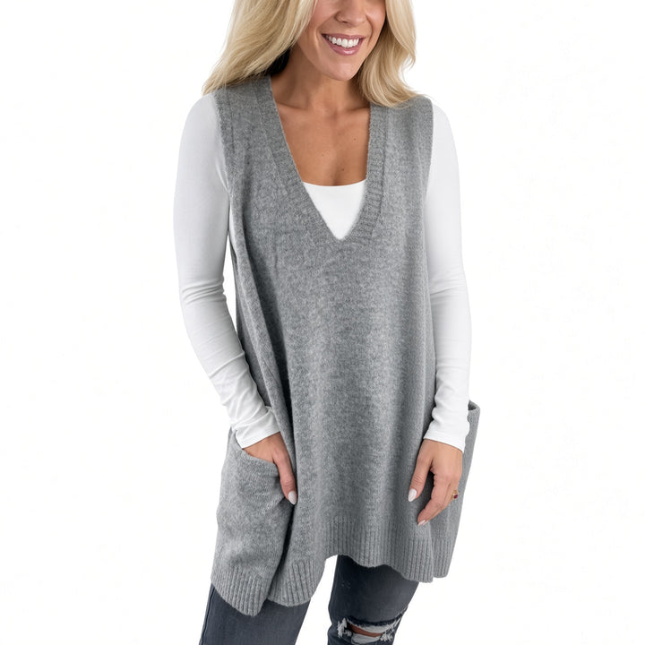 The Elara longline pocket sweater vest in Dark Gray, front view