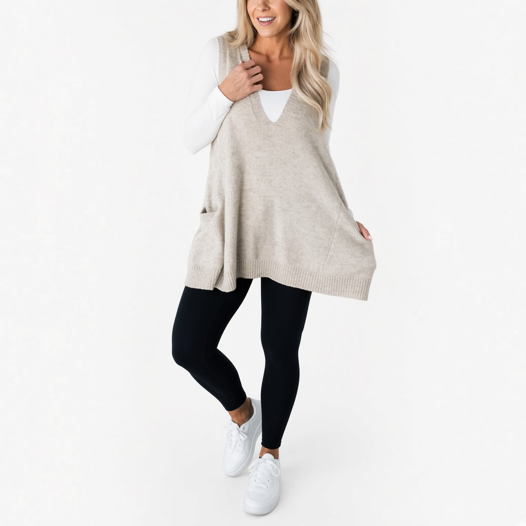 The Elara longline pocket sweater vest in Light Gray, front view