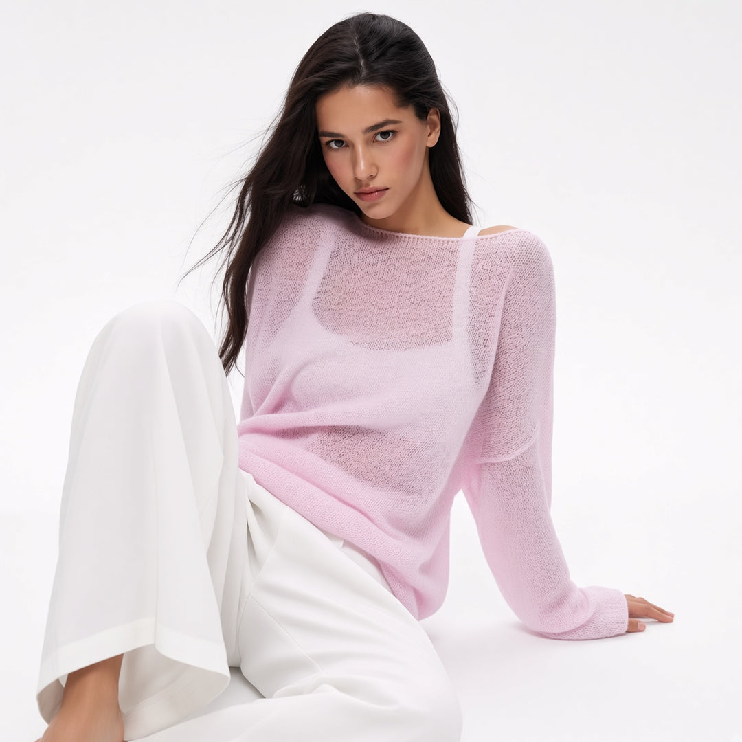 The Elara sheer knit cover-up top in Pink, front view