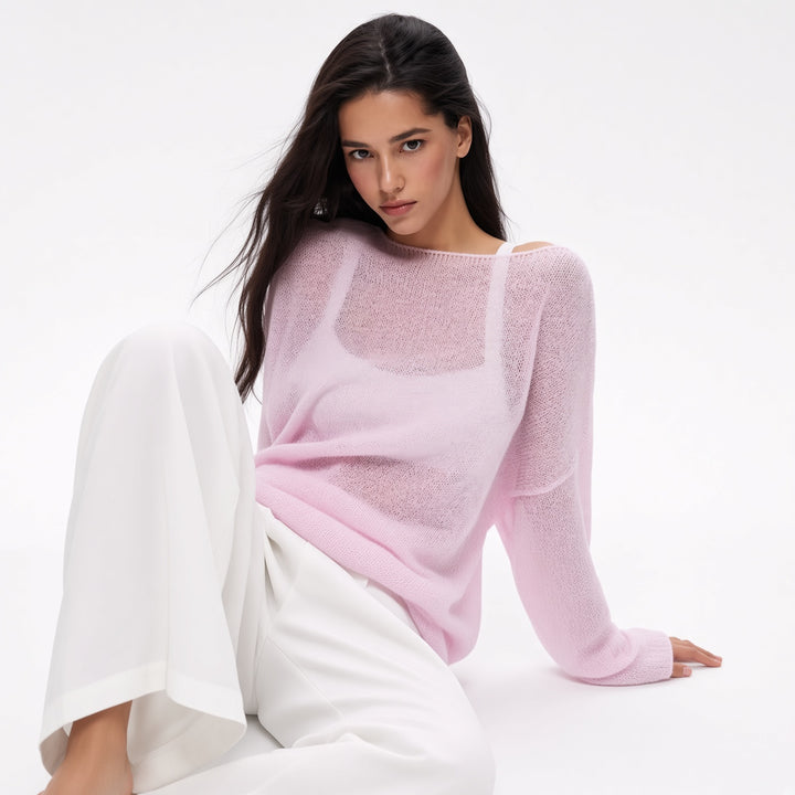 The Elara sheer knit cover-up top in Pink, front view