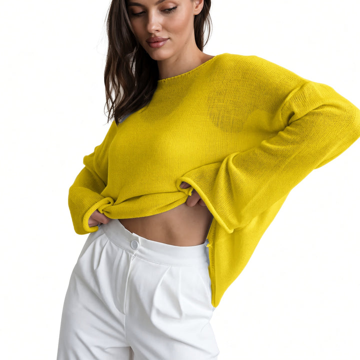 The Elara sheer knit cover-up top in Yellow, front view
