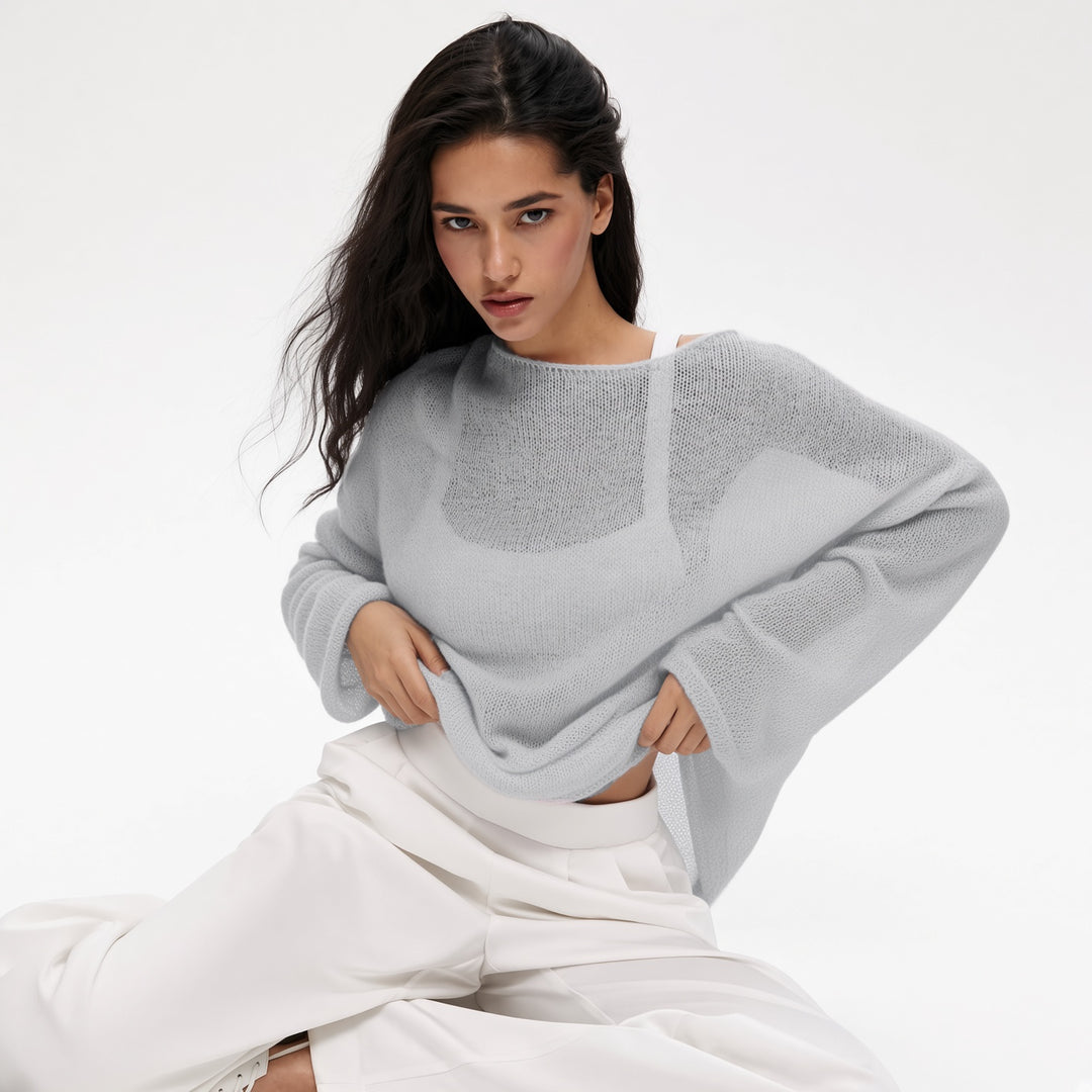The Elara sheer knit cover-up top in Light Gray, front view