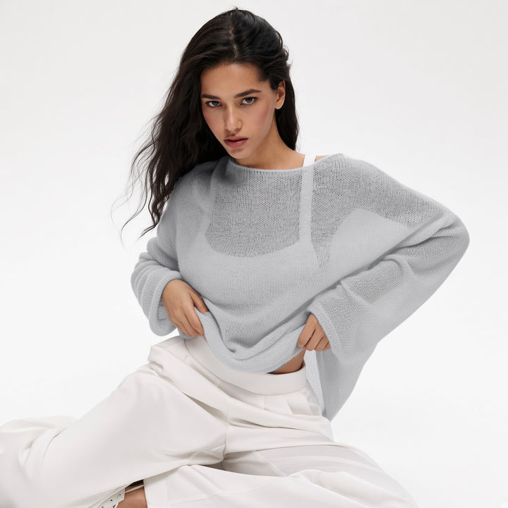 The Elara sheer knit cover-up top in Light Gray, front view