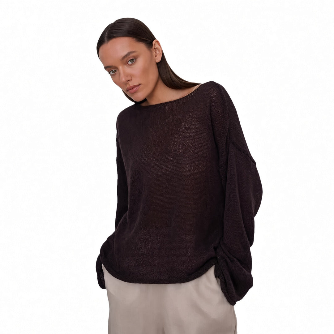 The Elara sheer knit cover-up top in Brown, front view