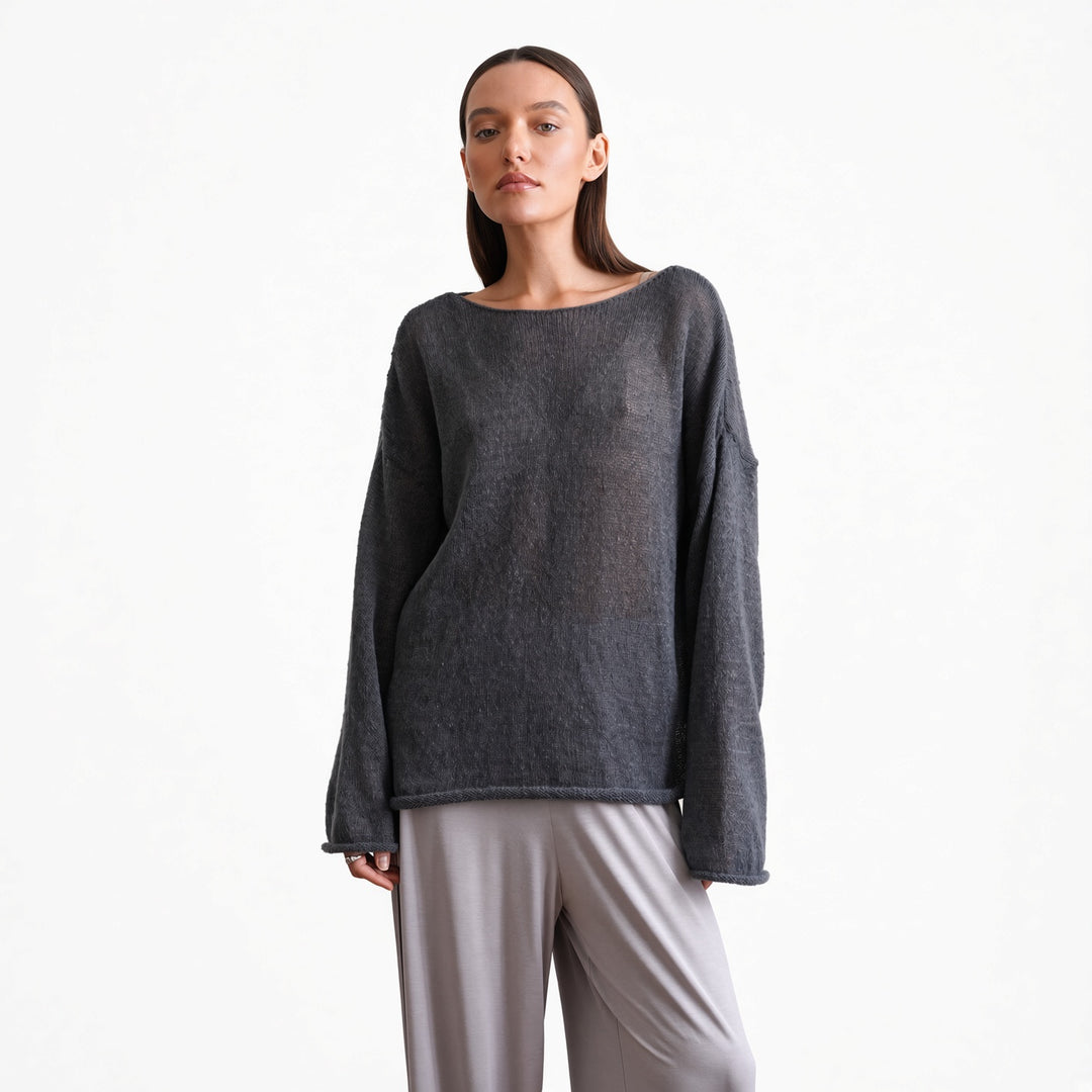 The Elara sheer knit cover-up top in Dark Gray, front view