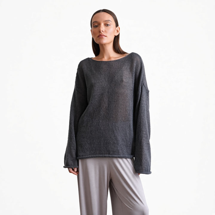 The Elara sheer knit cover-up top in Dark Gray, front view