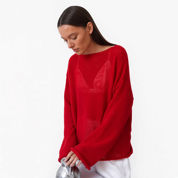 The Elara sheer knit cover-up top in Red, front view