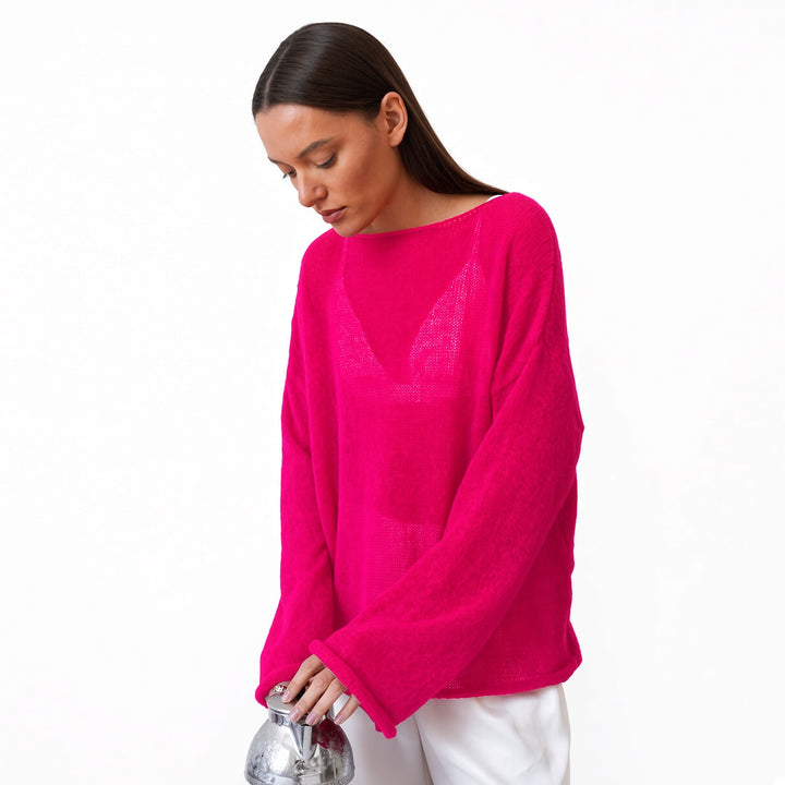 The Elara sheer knit cover-up top in Rose Red, front view