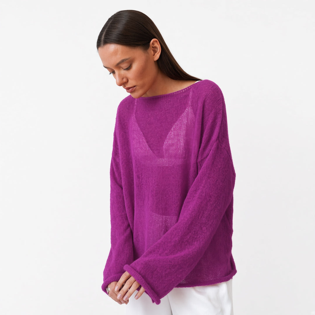 The Elara sheer knit cover-up top in Purple, front view