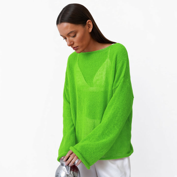 The Elara sheer knit cover-up top in Grass Green, front view