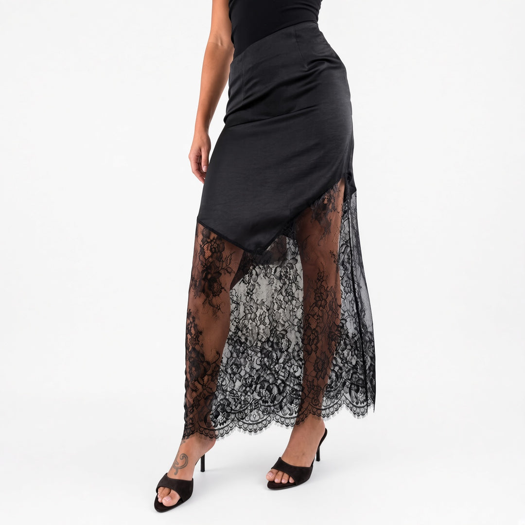The Elara lace-panel satin maxi skirt in Black, front view