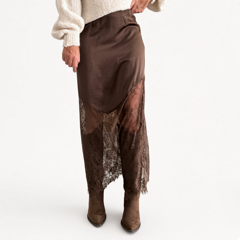 The Elara lace-panel satin maxi skirt in Brown, front view