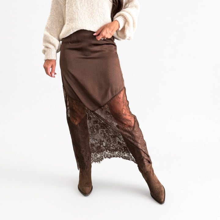 The Elara Brown lace-panel satin maxi skirt, alternate front view