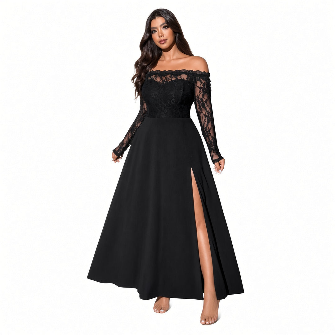 The Elara lace-bodice split maxi dress in Black, full front view
