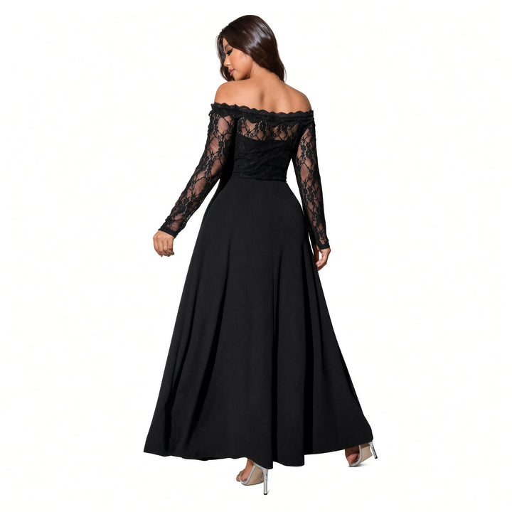 The Elara lace-bodice split maxi dress in Black, back view