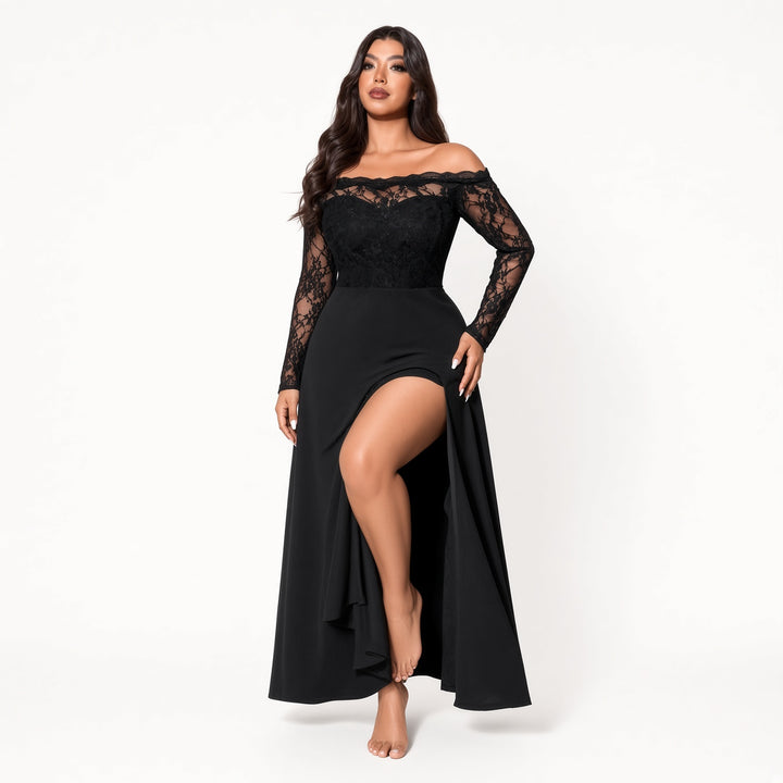 The Elara lace-bodice split maxi dress, high side-slit view