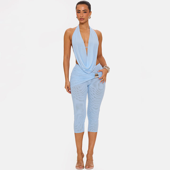 The Elara draped halter capri set in Blue, front view