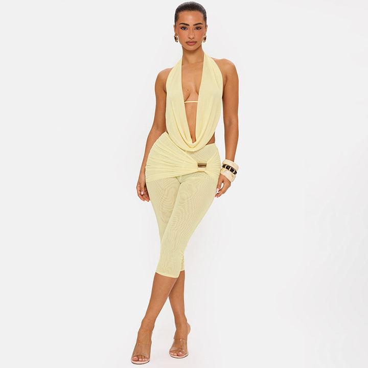 The Elara draped halter capri set in Yellow, front view