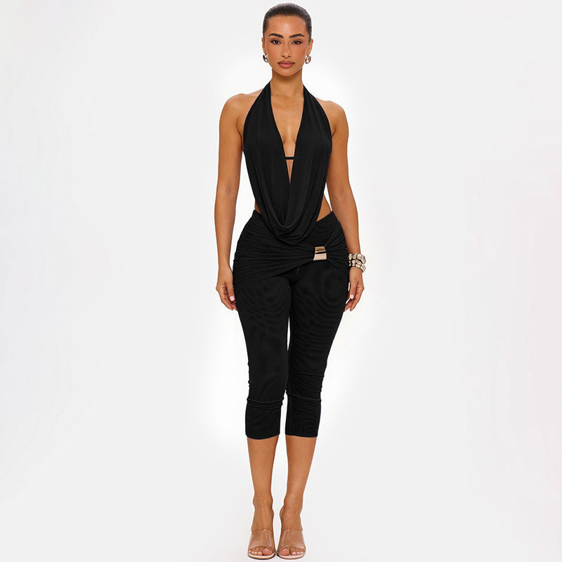 The Elara draped halter capri set in Black, front view
