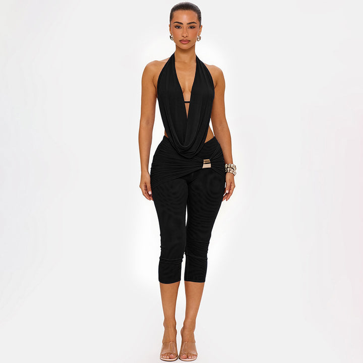 The Elara draped halter capri set in Black, front view