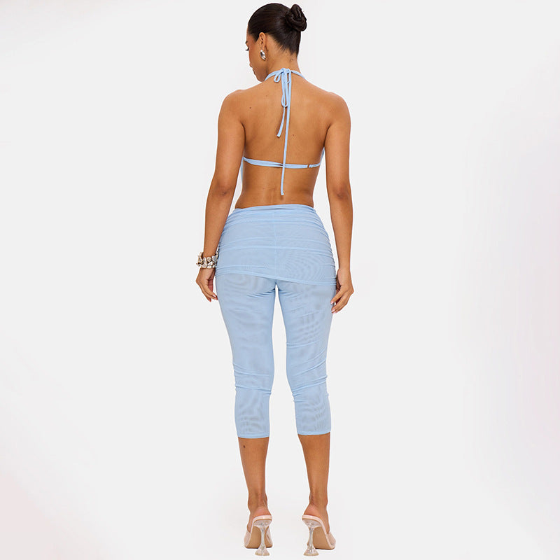 The Elara draped halter capri set in Blue, back view