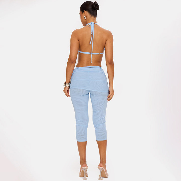 The Elara draped halter capri set in Blue, back view