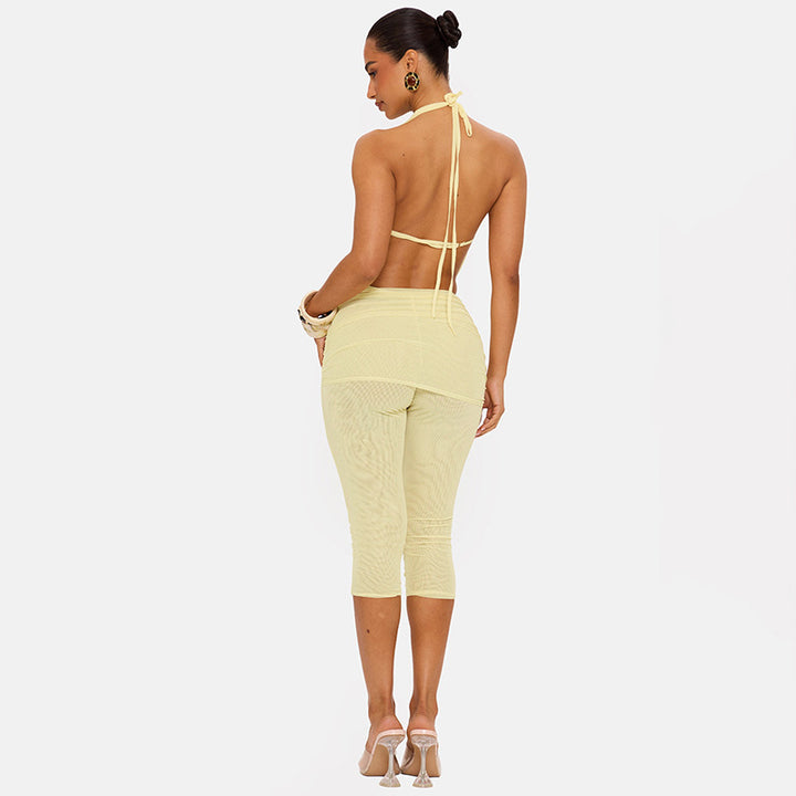 The Elara draped halter capri set in Yellow, back view