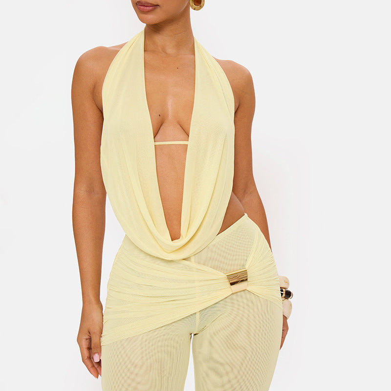 Draped halter neckline detail in Yellow