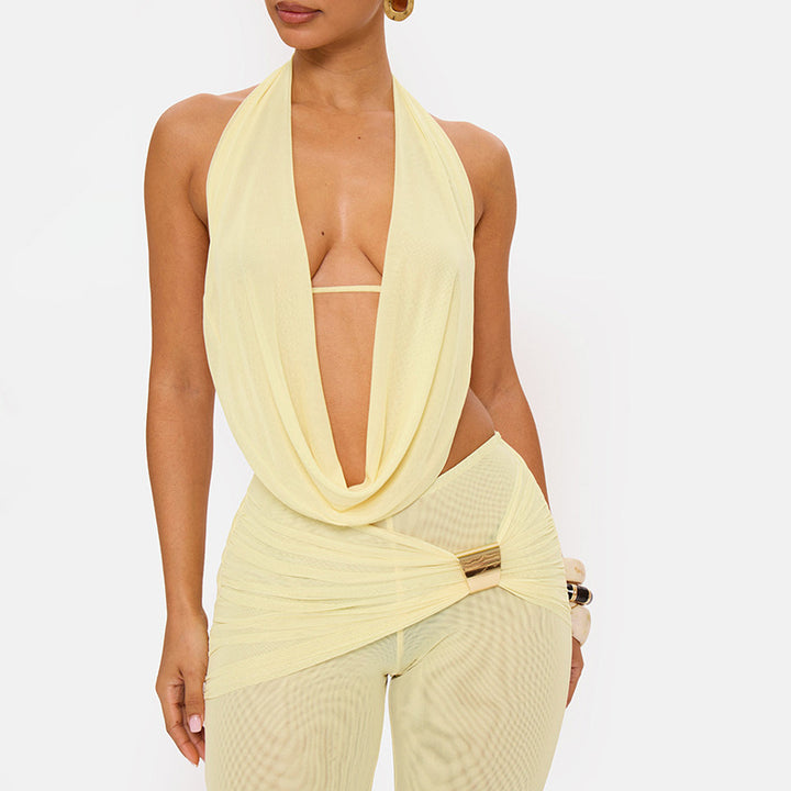 Draped halter neckline detail in Yellow