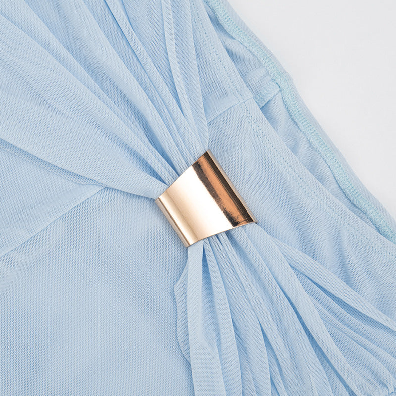 Polished metal waist accent and draped fabric detail