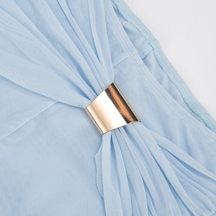 Polished metal waist accent and draped fabric detail
