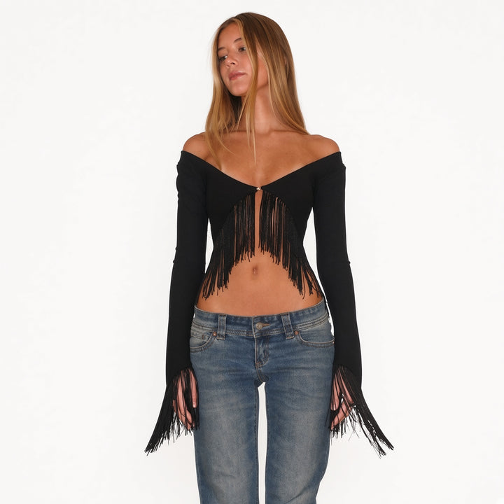 The Elara fringe-trim off-shoulder top in Black, front view