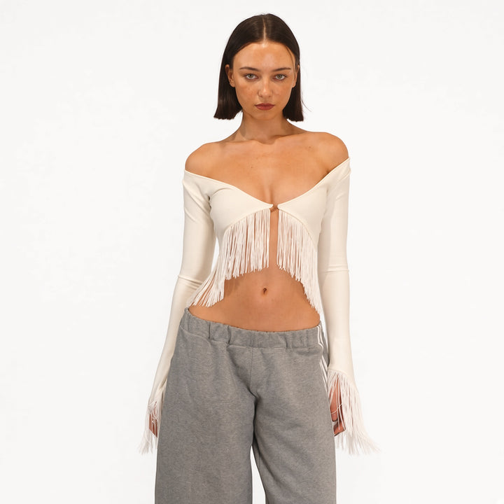 The Elara fringe-trim off-shoulder top in White, front view