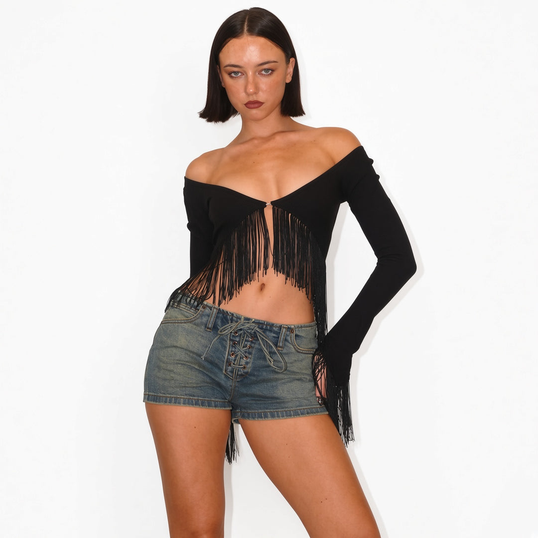 The Elara Black fringe-trim off-shoulder top, alternate front view