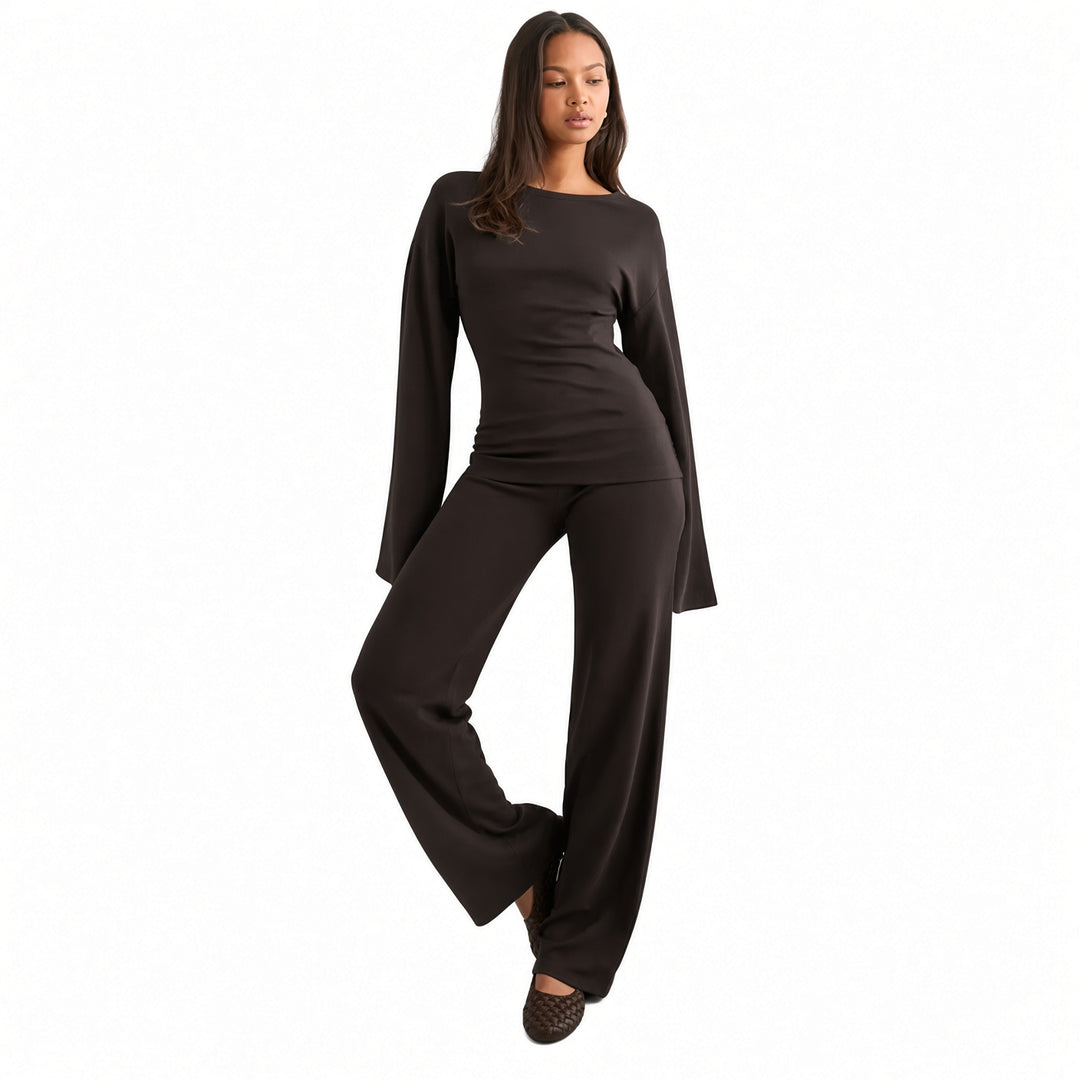 The Elara bell-sleeve flare-pant set in Brown, front view