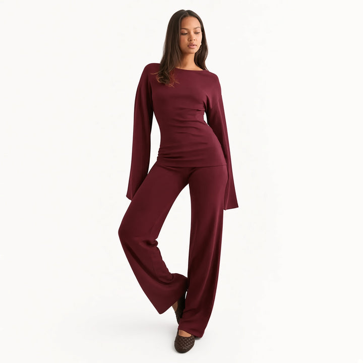 The Elara bell-sleeve flare-pant set in Burgundy, front view