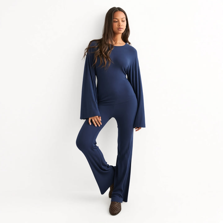The Elara bell-sleeve flare-pant set in Navy, front view
