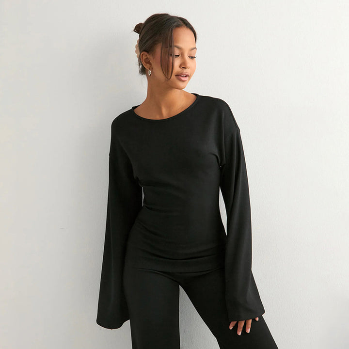 Bell-sleeve top detail on The Elara matching set