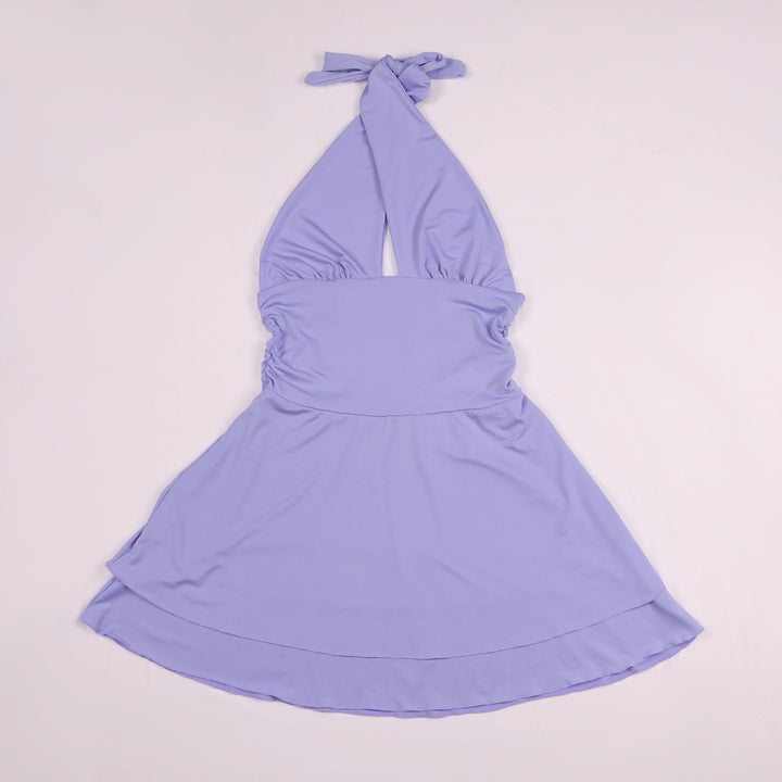 The Elara Light Purple cross-halter mini dress, flat-lay view