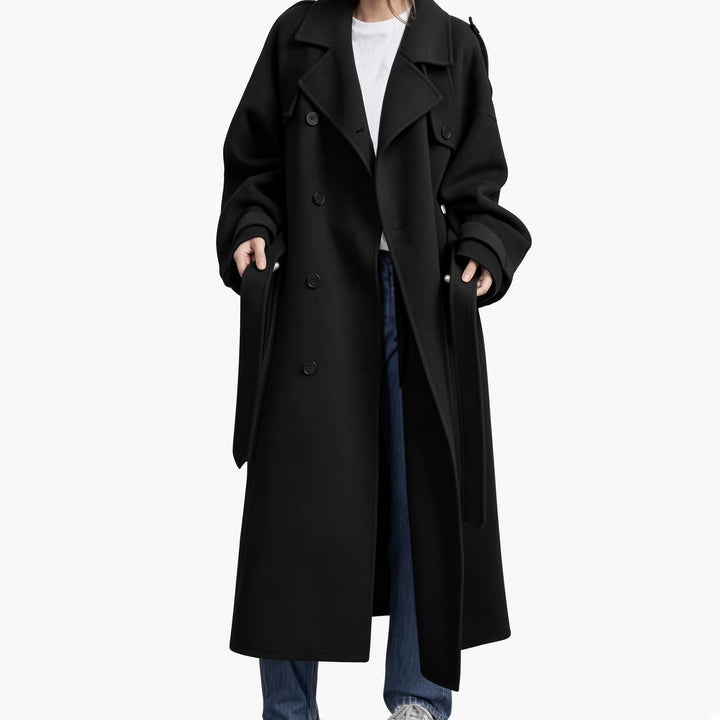 The Elara double-layer belted maxi coat in Black, front view