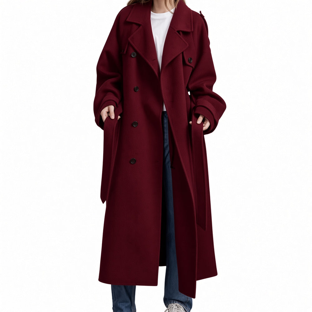 The Elara double-layer belted maxi coat in Red, front view