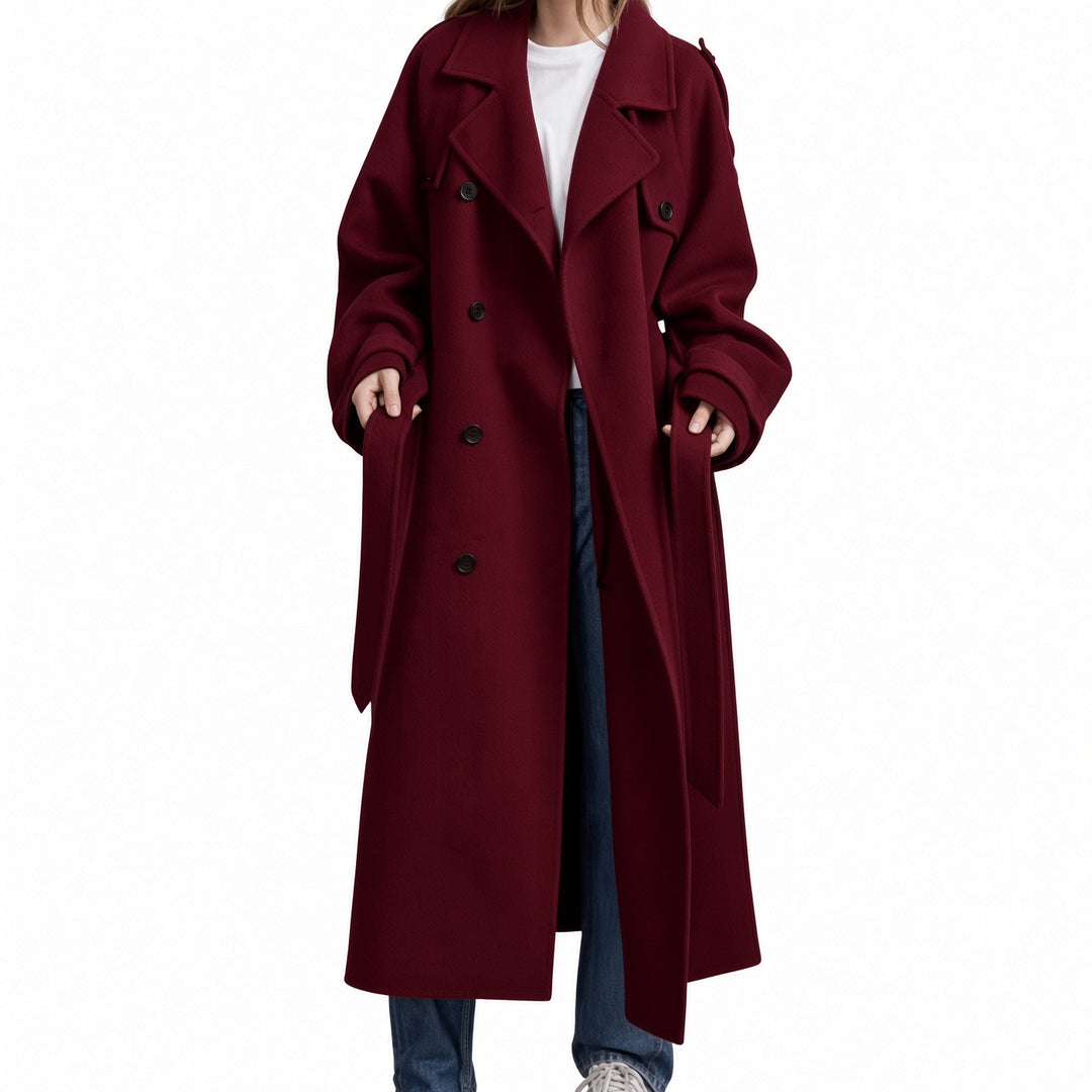 The Elara double-layer belted maxi coat in Red, front view