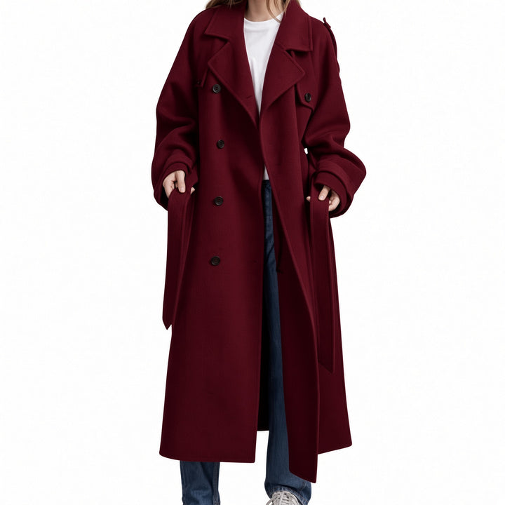 The Elara double-layer belted maxi coat in Red, front view