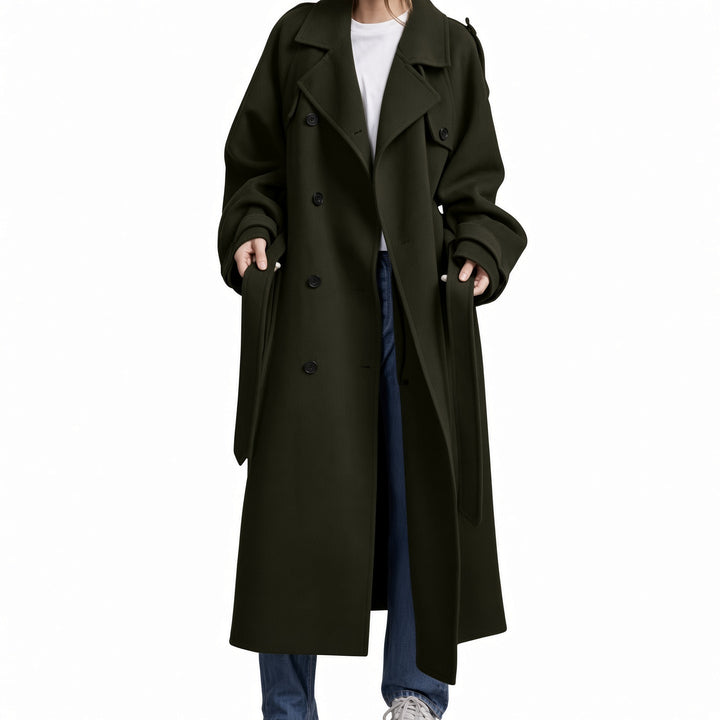 The Elara double-layer belted maxi coat in Green, front view