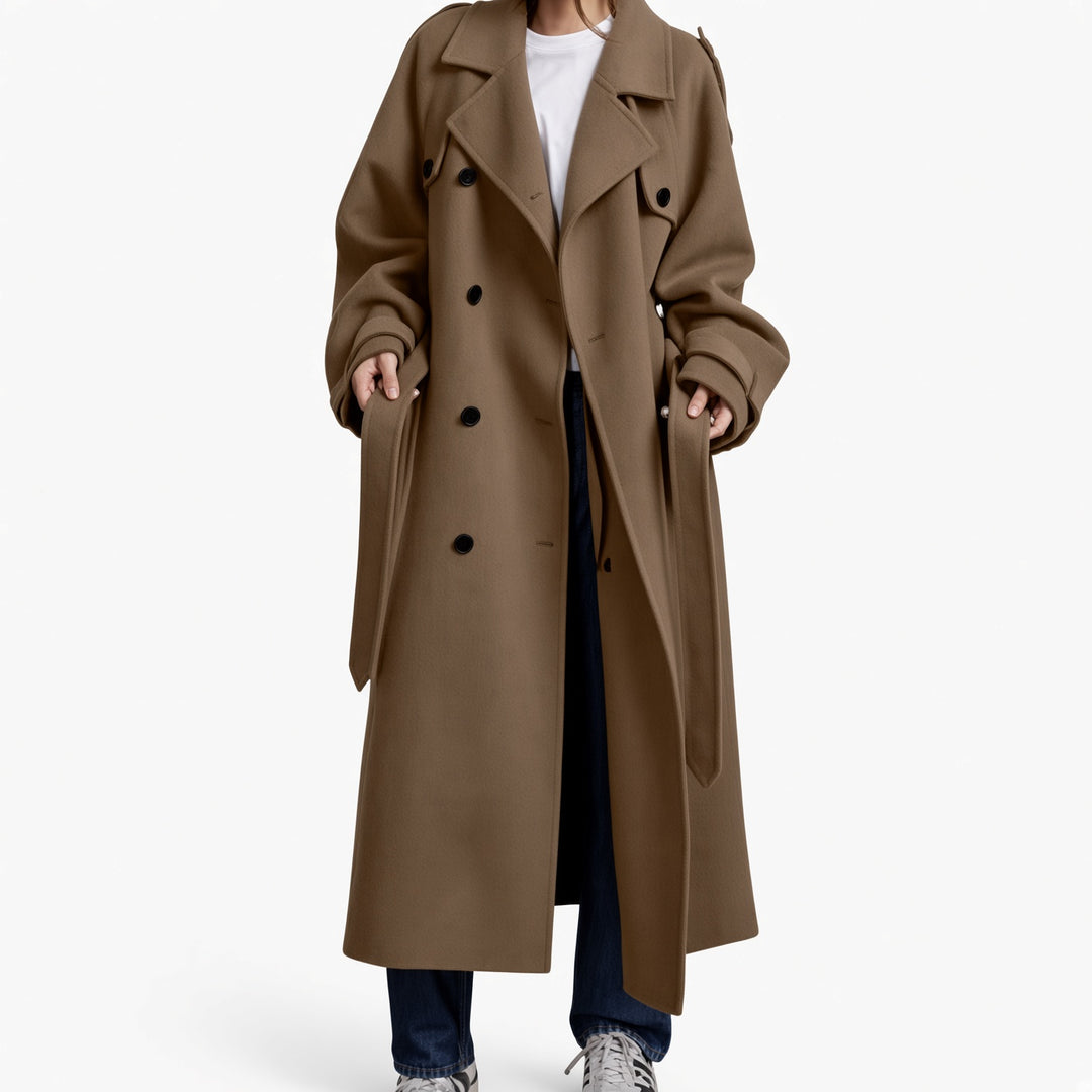 The Elara double-layer belted maxi coat in Khaki, front view
