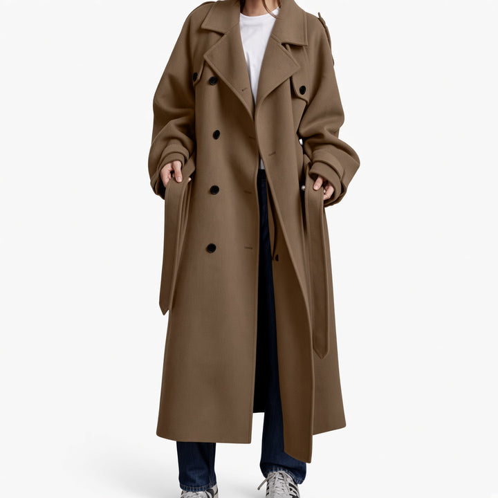 The Elara double-layer belted maxi coat in Khaki, front view